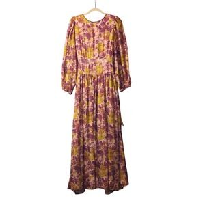 LDT Floral Maxi Purple Yellow Watercolor Chiffon deep V-Back Gown Size 10 NWT